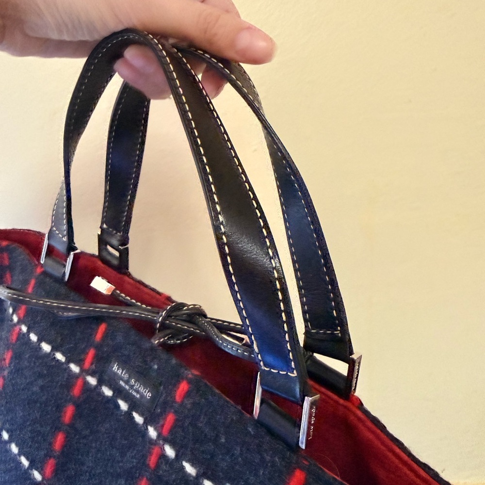 Kate Spade Navy blue and Red Plaid Wool Tote - Picture 7 of 10